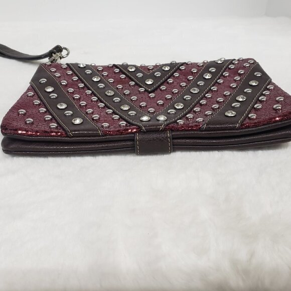 Rustic Couture Wristlet Wallet Grunge Punk Studded Maroon Brown - Picture 2 of 15